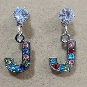 Initial Letter J Multicolored Rhinestone Silver Tone Dangle Earrings